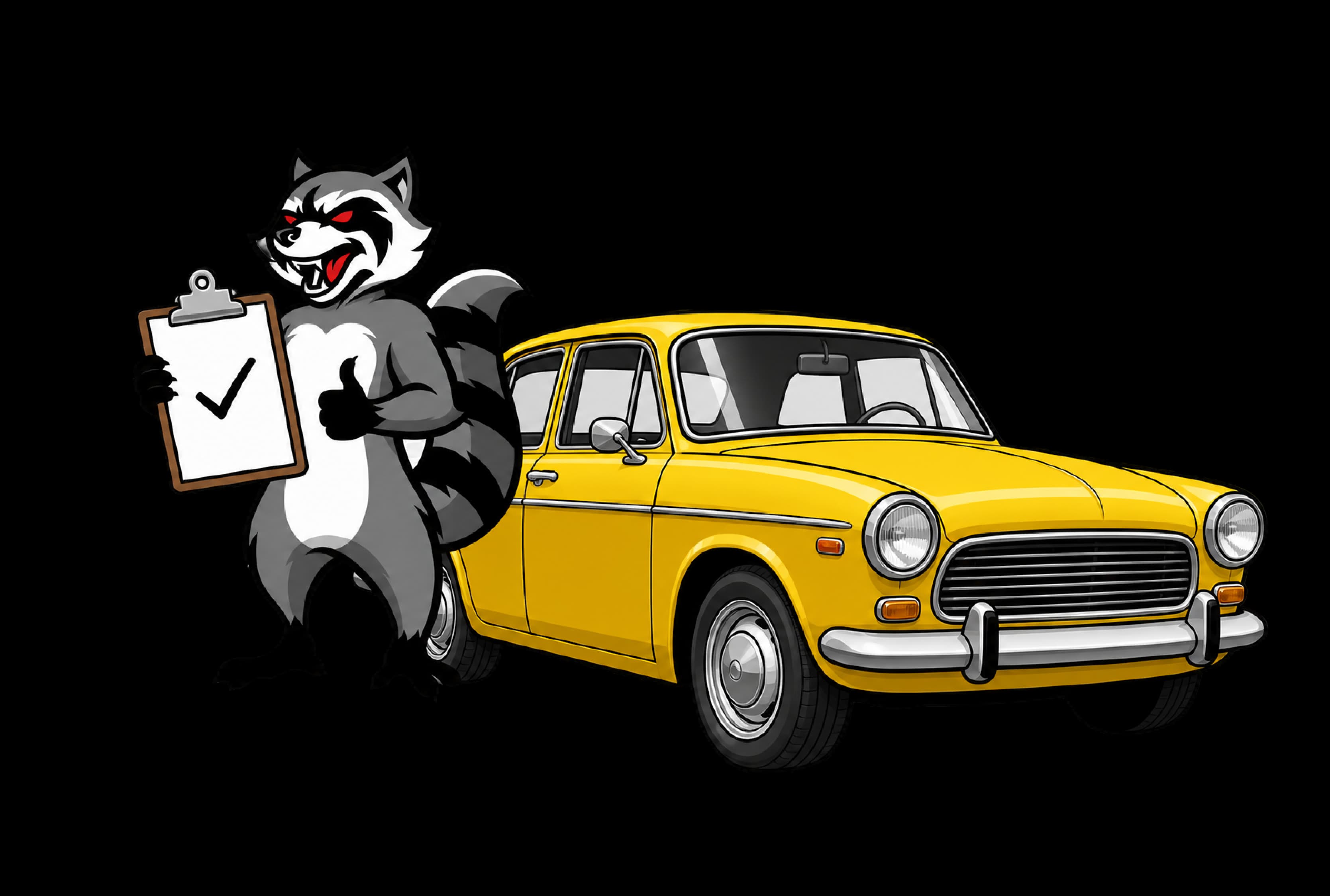 Cash For Cars raccoon mascot with clipboard beside a yellow car