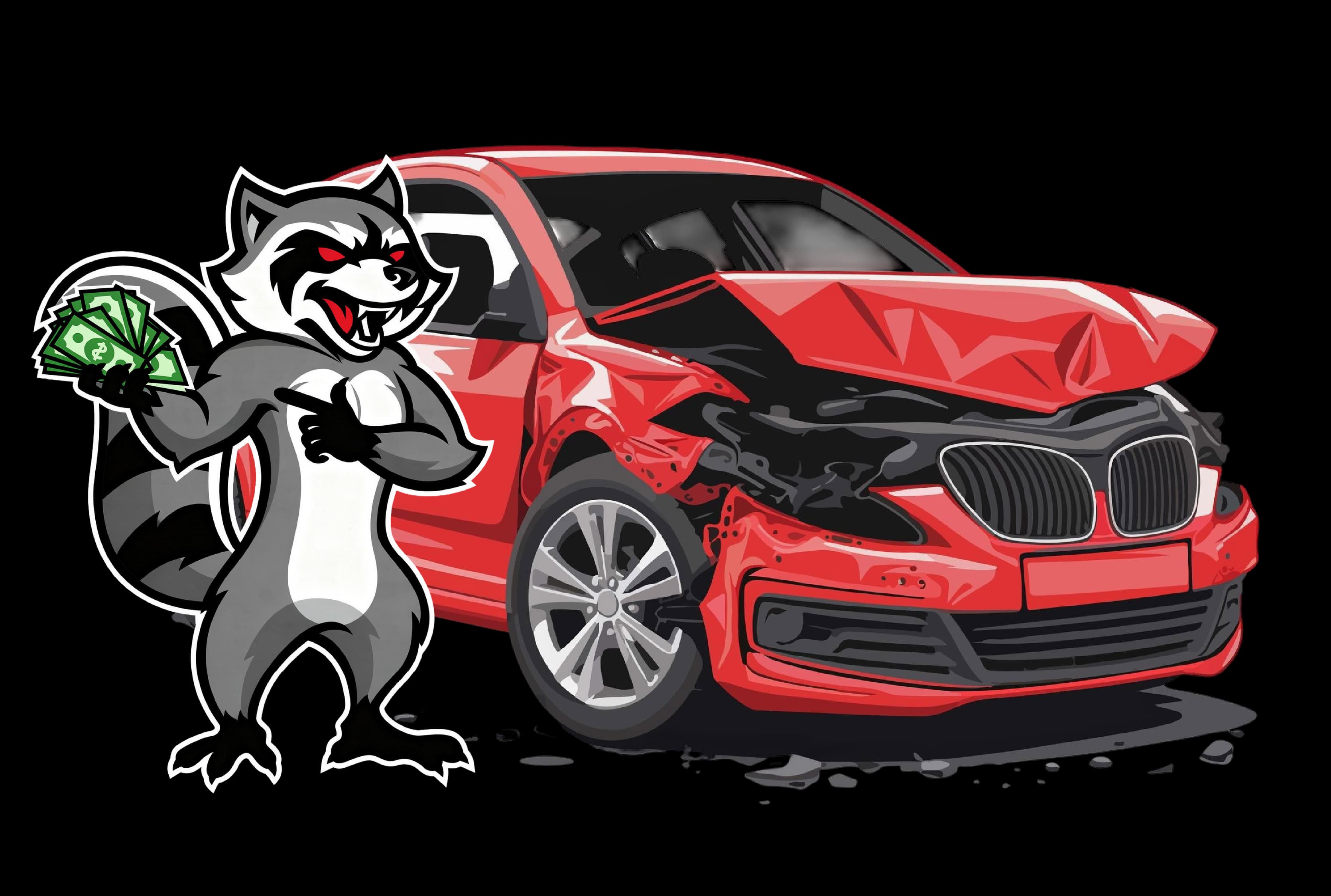 Mascota de Cash For Cars sosteniendo efectivo junto a un carro rojo chocado